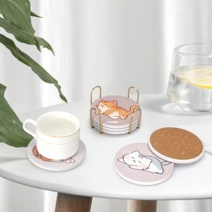 6 Pcs Cute Kitten Coasters with Holders - Absorbent Ceramic Material