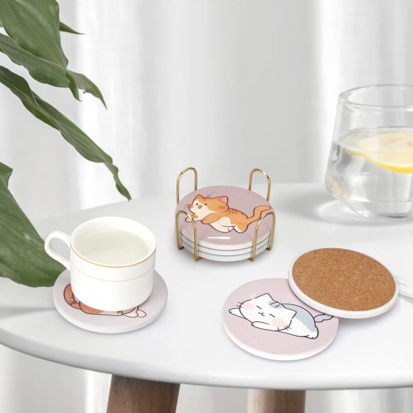6 Pcs Cute Kitten Coasters with Holders - Absorbent Ceramic Material - 图片 4