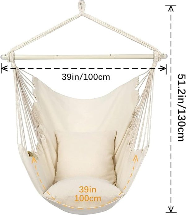 Hammock Chair Hanging Rope Swing, Topind Hanging Chair with Sturdy Wooden Spreader Bar with Anti-Slip Rings - Max 500 Lbs - Two Cushions Included for Indoor or Outdoor Spaces - 图片 5