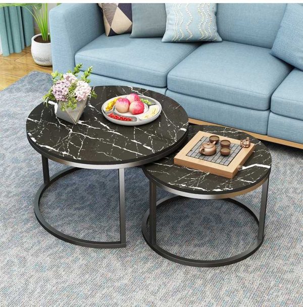Coffee Table Nesting White Set of 2 Side Set Golden Frame Circular Round and Marble Pattern Wooden Tables, Living Room Bedroom Apartment Modern Industrial Simple Nightstand - 图片 7