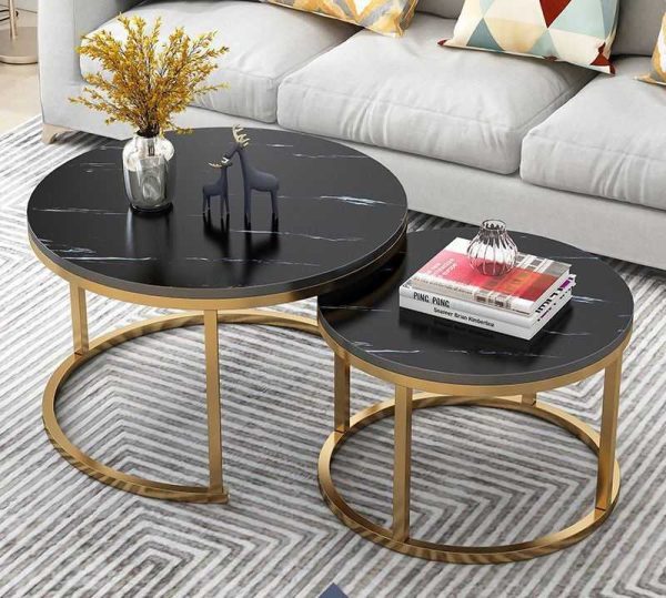 Coffee Table Nesting White Set of 2 Side Set Golden Frame Circular Round and Marble Pattern Wooden Tables, Living Room Bedroom Apartment Modern Industrial Simple Nightstand - 图片 4