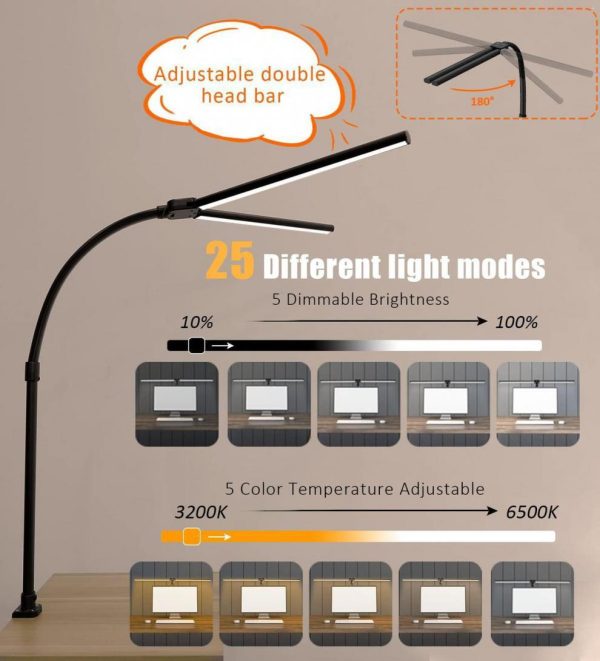 Led Desk Lamp for Office Home - Eye Caring Architect Lamp with Clamp, Dual Screen Computer Monitor Gooseneck Smart Light: 24W 5 Color Flexible Adjustable Lighting - 图片 5