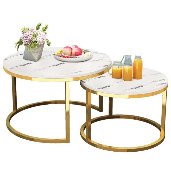 Coffee Table Nesting White Set of 2 Side Set Golden Frame Circular Round and Marble Pattern Wooden Tables, Living Room Bedroom Apartment Modern Industrial Simple Nightstand - 图片 5
