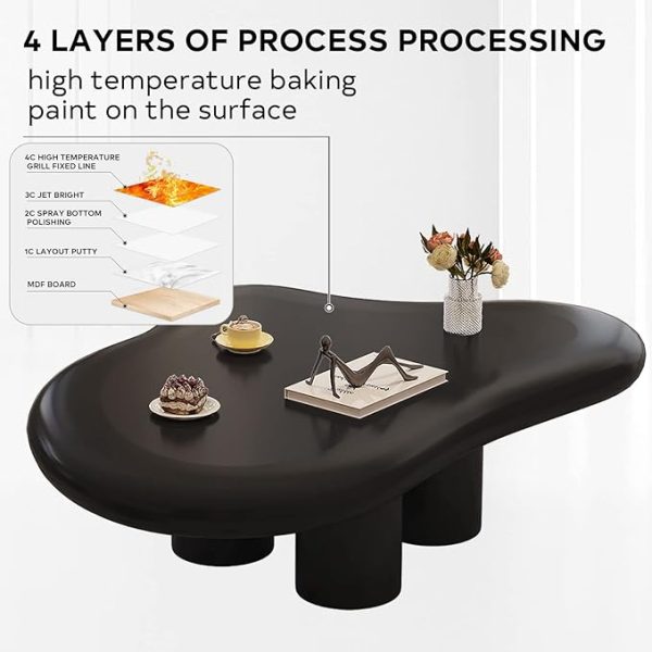 Glossy Black Coffee Table, Round Edge Cloud Coffee Table with 4 Short Legs, Irregular Black End Table for Small Space, Modern Center Coffee Table for Living Room - 图片 2
