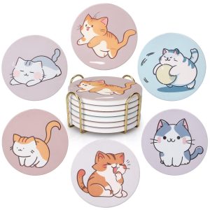 6 Pcs Cute Kitten Coasters with Holders - Absorbent Ceramic Material