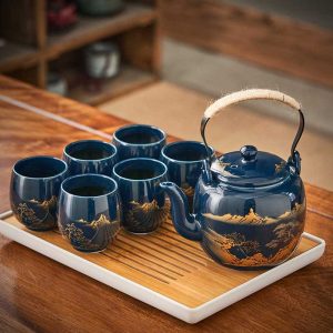 日本茶具，星光蓝瓷茶具套装，含 1 个茶壶和 6 个茶杯、1 个茶盘和 1 个不锈钢输液器 - 适合茶叶爱好者的典雅日本茶具套装