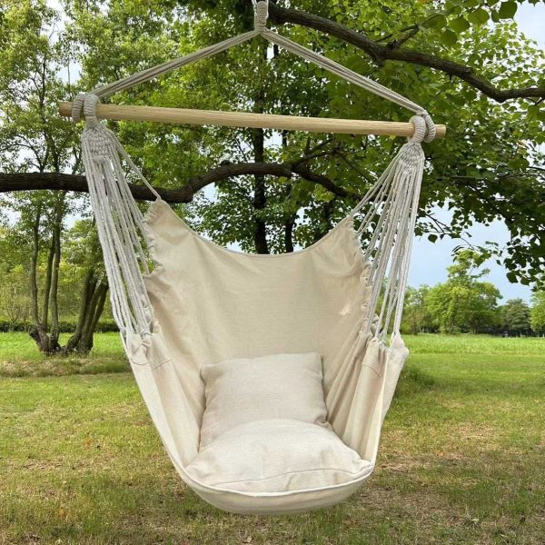 Hammock Chair Hanging Rope Swing, Topind Hanging Chair with Sturdy Wooden Spreader Bar with Anti-Slip Rings - Max 500 Lbs - Two Cushions Included for Indoor or Outdoor Spaces - 图片 2