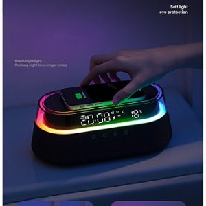 带无线充电功能的 15W 数字闹钟收音机 - 带 FM 收音机、双闹钟、夜灯、LED 显示屏和 RGB 节奏灯的蓝牙扬声器