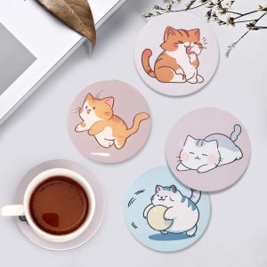 6 Pcs Cute Kitten Coasters with Holders - Absorbent Ceramic Material