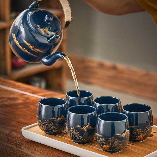 Service à thé japonais, service à thé en porcelaine bleu étoilé avec 1 théière et 6 tasses à thé, 1 plateau à thé et 1 infuseur en inox - Service à thé japonais élégant pour les amateurs de thé