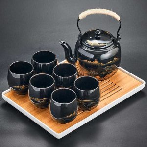 日本茶具，星光蓝瓷茶具套装，含 1 个茶壶和 6 个茶杯、1 个茶盘和 1 个不锈钢输液器 - 适合茶叶爱好者的典雅日本茶具套装