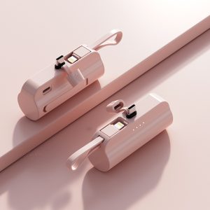 时尚超紧凑迷你便携式 5000 mAh 移动电源，内置 Type-C 和 Lightning 线缆，可快速充电并兼容多种设备