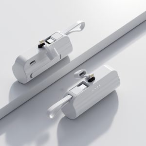 时尚超紧凑迷你便携式 5000 mAh 移动电源，内置 Type-C 和 Lightning 线缆，可快速充电并兼容多种设备