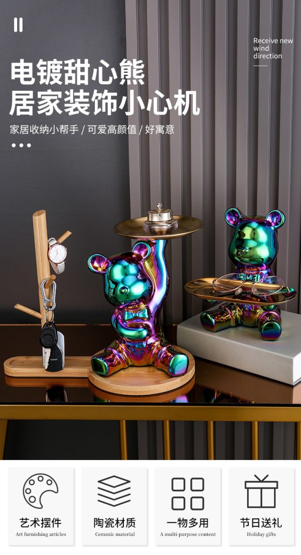 Trendy Bear Storage Decor Piece Electroplated Figurine With Storage Plate - 图片 5