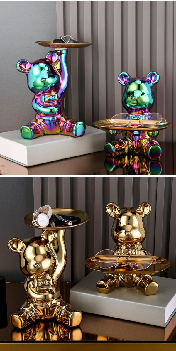 Trendy Bear Storage Decor Piece Electroplated Figurine With Storage Plate - 图片 3