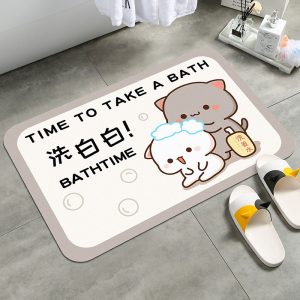 Trendy Peach Cat Diatomaceous Earth Bath Mat for Bathroom, Water Absorbent, Non-Slip, and Anti-Bacterial Floor Mat 50*80cm