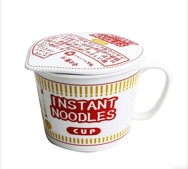 Japanese Ceramic Instant Noodle Bowl with Lid - Large Size for Home, Office, and School with Unique CupNoodle Design - 图片 5