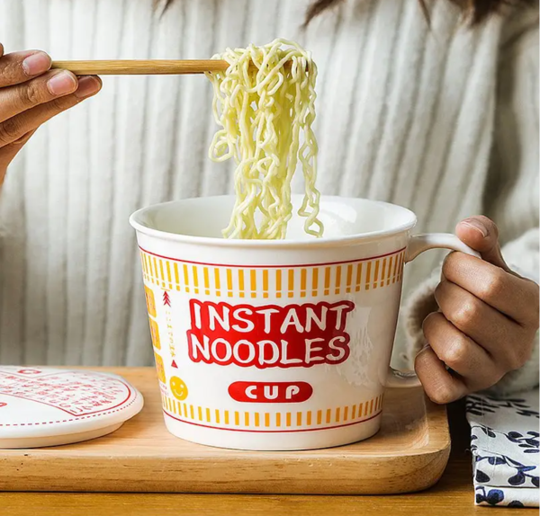 Bol à nouilles instantanées en céramique japonaise avec couvercle - Grand format pour la maison, le bureau et l'école avec design unique CupNoodle