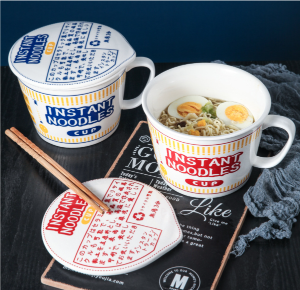 Japanese Ceramic Instant Noodle Bowl with Lid - Large Size for Home, Office, and School with Unique CupNoodle Design - 图片 2