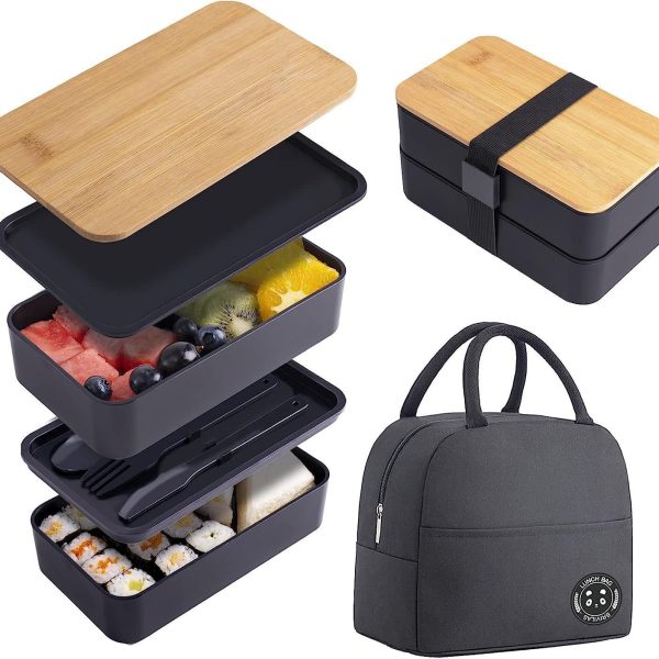 INS Style Japanese Bento Box Set, Double-Layer, Large Capacity, Microwave Safe, Plastic Food Storage Container