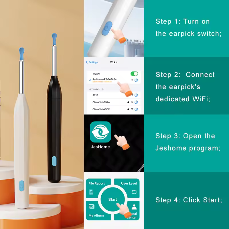 配备 500 万像素摄像头、IP67 防水等级和硅胶吸头的高分辨率 Wi-Fi Ear Cleaner - 与安卓和 iOS 兼容