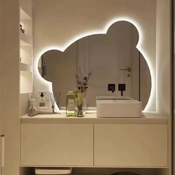 Home decor irregular bear shaped led bathroom mirror with light anti-fog wall mounted makeup mirrors