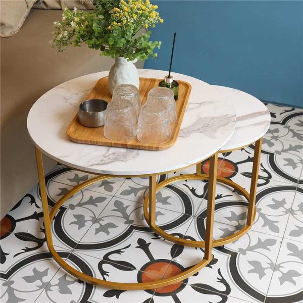 Coffee Table Nesting White Set of 2 Side Set Golden Frame Circular Round and Marble Pattern Wooden Tables, Living Room Bedroom Apartment Modern Industrial Simple Nightstand - 图片 3