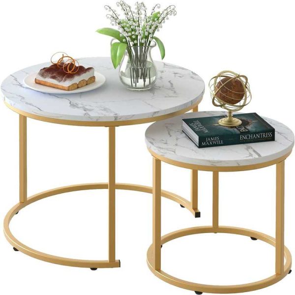Coffee Table Nesting White Set of 2 Side Set Golden Frame Circular Round and Marble Pattern Wooden Tables, Living Room Bedroom Apartment Modern Industrial Simple Nightstand - 图片 2