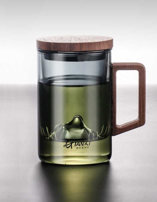 Office Tea Infuser Glass Cup with Walnut Wood Handle and Wooden Lid - 图片 3