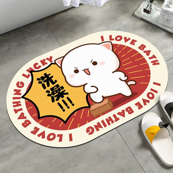 Trendy Peach Cat Diatomaceous Earth Bath Mat for Bathroom, Water Absorbent, Non-Slip, and Anti-Bacterial Floor Mat 50*80cm