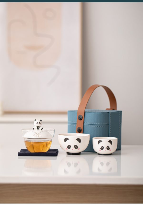 Trendy Panda Portable Teapot Set with 2 Teacups- Comes with Leather Carrying Case