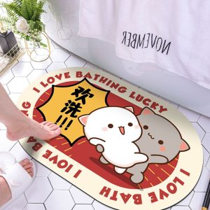 Trendy Peach Cat Diatomaceous Earth Bath Mat for Bathroom, Water Absorbent, Non-Slip, and Anti-Bacterial Floor Mat 50*80cm