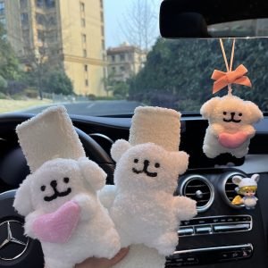 Adorable Line Puppy Design Plush Rearview Mirror Hanging Decoration and Seat Belt Shoulder Pad Protector Set for Home & Car Interior Accessories