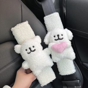 Adorable Line Puppy Design Plush Rearview Mirror Hanging Decoration and Seat Belt Shoulder Pad Protector Set for Home & Car Interior Accessories