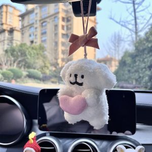 Adorable Line Puppy Design Plush Rearview Mirror Hanging Decoration and Seat Belt Shoulder Pad Protector Set for Home & Car Interior Accessories