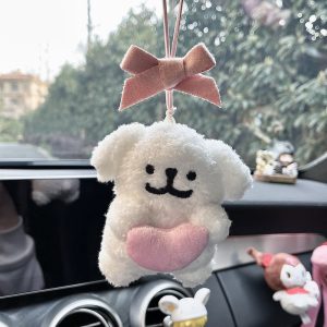 Adorable Line Puppy Design Plush Rearview Mirror Hanging Decoration and Seat Belt Shoulder Pad Protector Set for Home & Car Interior Accessories