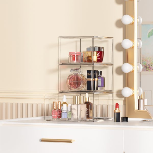 Premium Clear Plastic Stackable Drawer Organizer, Makeup Organizers and Storage for Eyeshadow Palettes, Cosmetics, Beauty Supplies, Ideal for Vanity, Desk, Office, Bathroom Organization - Pack of 3