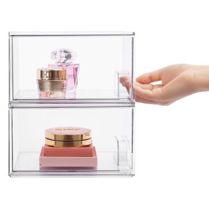 Premium Clear Plastic Stackable Drawer Organizer, Makeup Organizers and Storage for Eyeshadow Palettes, Cosmetics, Beauty Supplies, Ideal for Vanity, Desk, Office, Bathroom Organization - Pack of 3