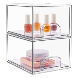 Premium Clear Plastic Stackable Drawer Organizer, Makeup Organizers and Storage for Eyeshadow Palettes, Cosmetics, Beauty Supplies, Ideal for Vanity, Desk, Office, Bathroom Organization - Pack of 3