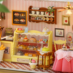 CuteRoom 手工制作复古面包房迷你屋 - 甜浆果时光 DIY 套装（含 LED 灯、透明屋顶和全套迷你家具套装