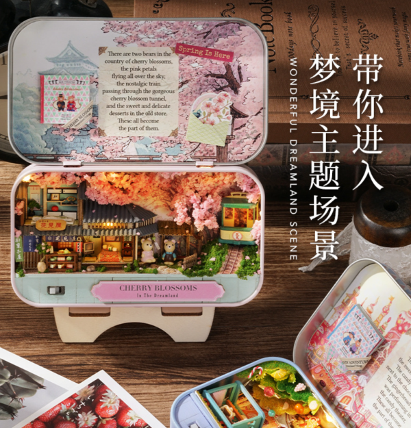 CuteRoom Dreamland Trilogy Tinplate Box Theatre - Sakura Blossoms & Lucky Market Box Theatre with LED Lights and Detailed Accessories - 图片 2