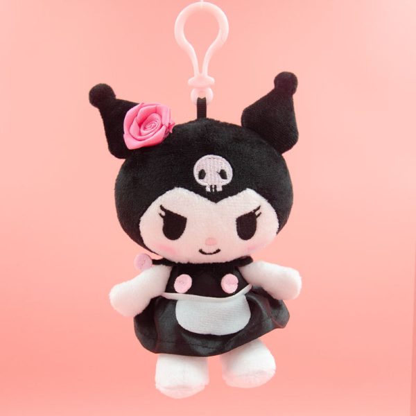 官方授权的 Sanrio Kuromi 毛绒钥匙扣 - 黑色 Kuromi 配粉色玫瑰