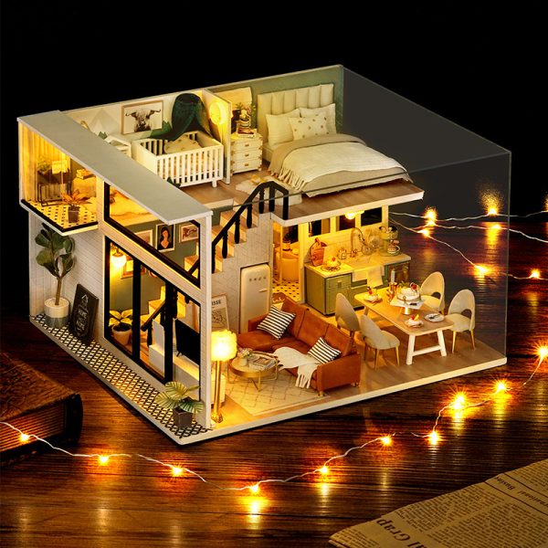 CuteRoom Handmade DIY Miniature Duplex Loft Dollhouse with LED Lights and Furniture - 24.5 x 20.5 x 15 cm - 图片 2