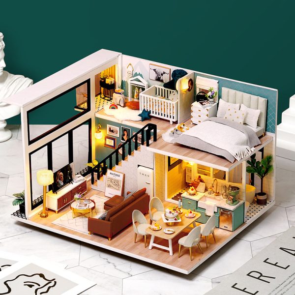 CuteRoom Handmade DIY Miniature Duplex Loft Dollhouse with LED Lights and Furniture - 24.5 x 20.5 x 15 cm - 图片 4