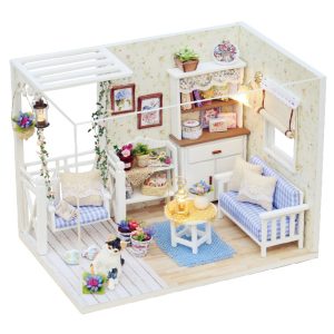 CuteRoom 小猫日记迷你屋 - 舒适的猫咪主题花园庭院，带 LED 灯和家具组装套件