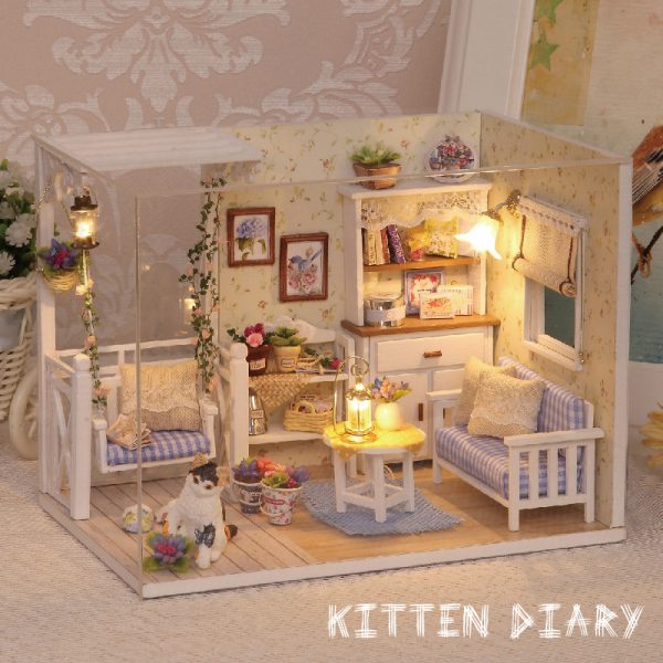 CuteRoom Kitten Diary Miniature House - Cozy Cat-Themed Garden Patio with LED Lights and Furniture Assembly Set