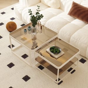 Premium Retro Creamy Style Coffee Table with Tempered Teal Glass and Integrated Lighting - Modern Living Room Decor