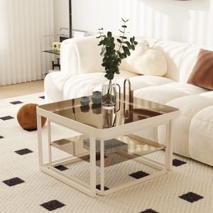 Premium Retro Creamy Style Coffee Table with Tempered Teal Glass and Integrated Lighting - Modern Living Room Decor