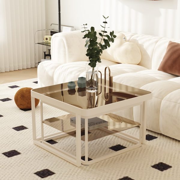 Premium Retro Creamy Style Coffee Table with Tempered Teal Glass and Integrated Lighting - Modern Living Room Decor - 图片 2
