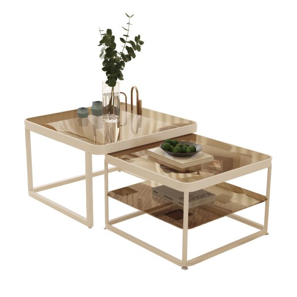 Premium Retro Creamy Style Coffee Table with Tempered Teal Glass and Integrated Lighting - Modern Living Room Decor - 图片 4